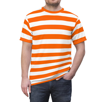 Orange White Striped Tshirt, Stripe Designer Aesthetic Lightweight Heavyweight Crewneck Men Women Tee Top Short Sleeve Shirt
