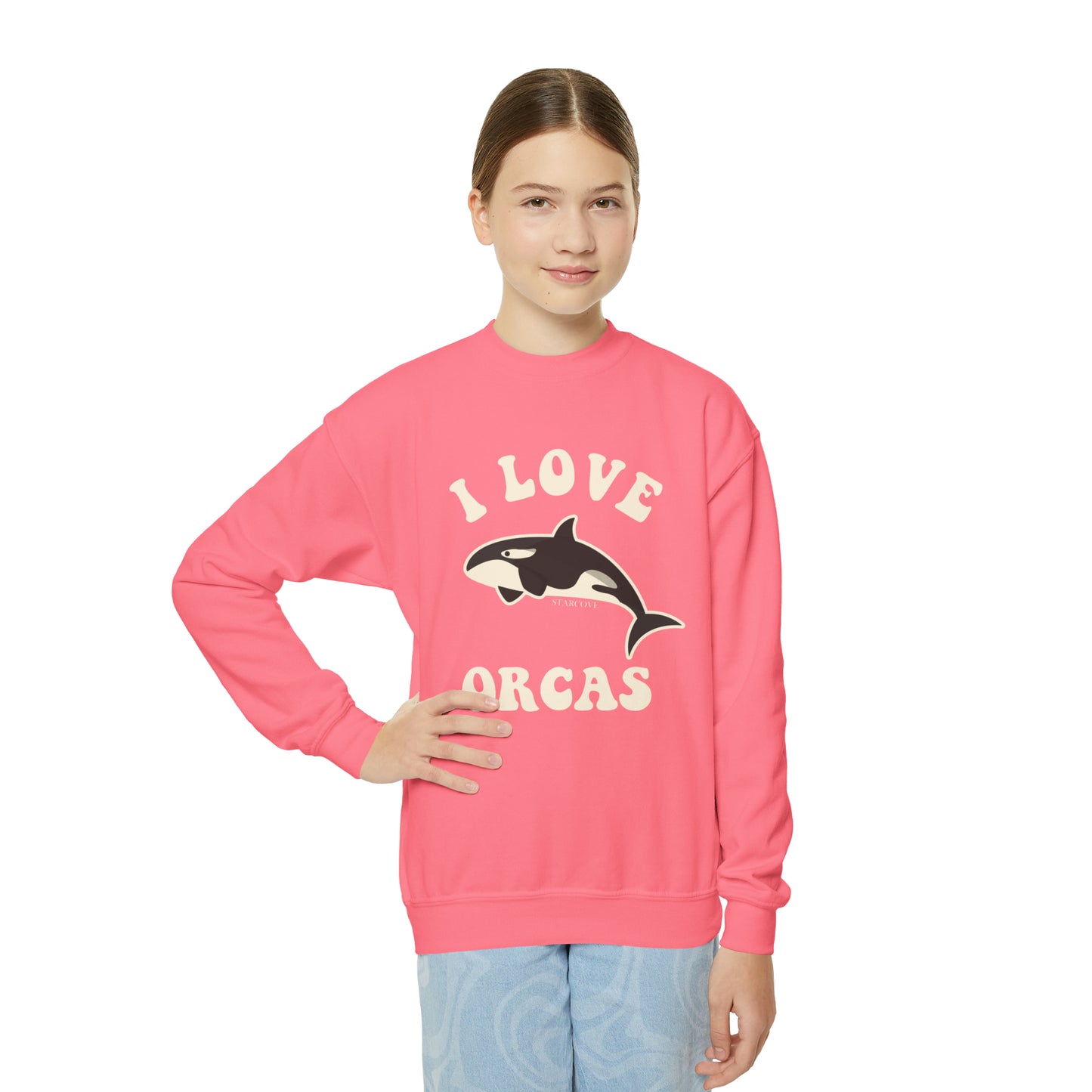 I Love Orcas Kids Sweatshirt, Killer Whales Ocean Beach Gift Graphic Sea Youth Crewneck Girls Boys Children Pullover