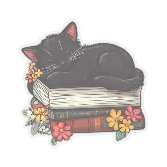 Black Cat Sleeping Books Sticker, Floral Flowers Reading Kindle Wall Decal Art Vinyl Cute Waterbottle Waterproof Laptop Clear Small Large