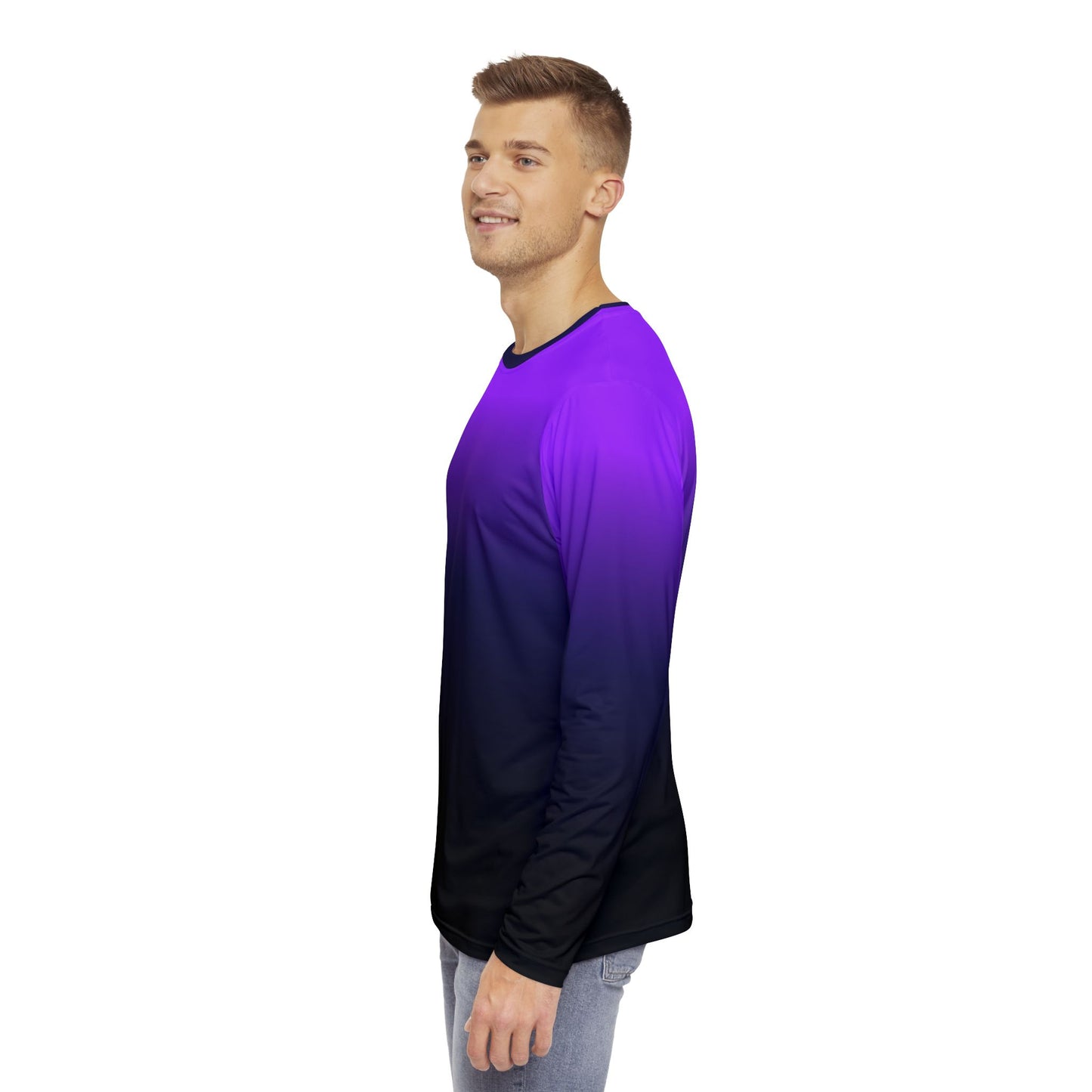 Black Blue Purple Ombre Men Long Sleeve Tshirt, Gradient Tie Dye Unisex Guys Women Designer Graphic Aesthetic Print Crew Neck Tee Shirt Top