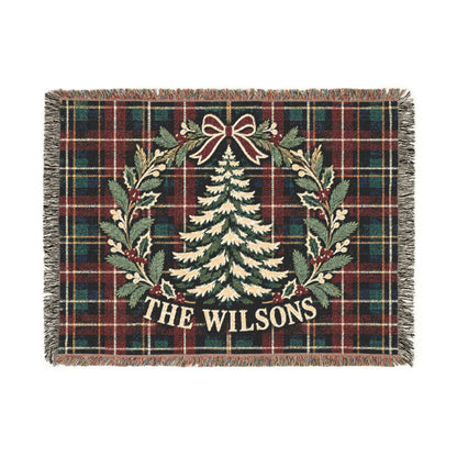 Custom Christmas Woven Throw Blanket Tapestry, Personalized Family Name Holiday Cotton Fringe Adult Kids Small Large Bed 50x60 Wall Hanging