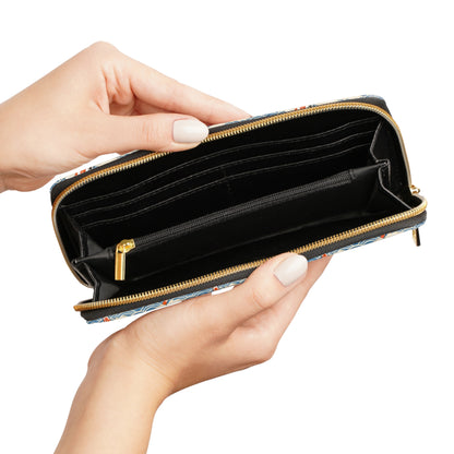 Koi Fish Leather Wallet Women, Ocean Japanese Wave Vegan Zipper Zip Around Coins Credit Cards Pocket Cash Ladies Female Pouch Slim Purse