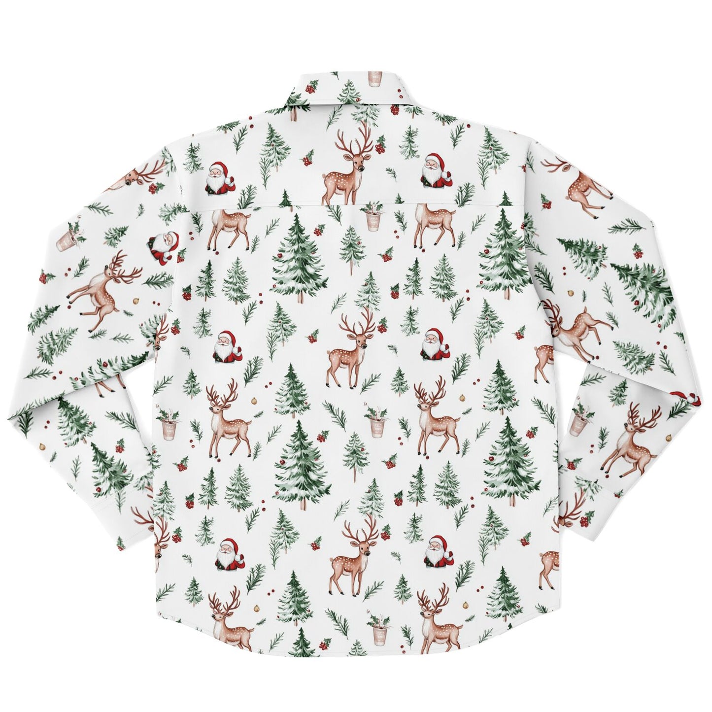 White Christmas Long Sleeve Men Button Up Shirt, Santa Claus Xmas Trees Guys Male Print Buttoned Down Collared Casual Dress Plus Size Shirt