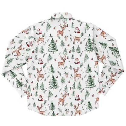 White Christmas Long Sleeve Men Button Up Shirt, Santa Claus Xmas Trees Guys Male Print Buttoned Down Collared Casual Dress Plus Size Shirt