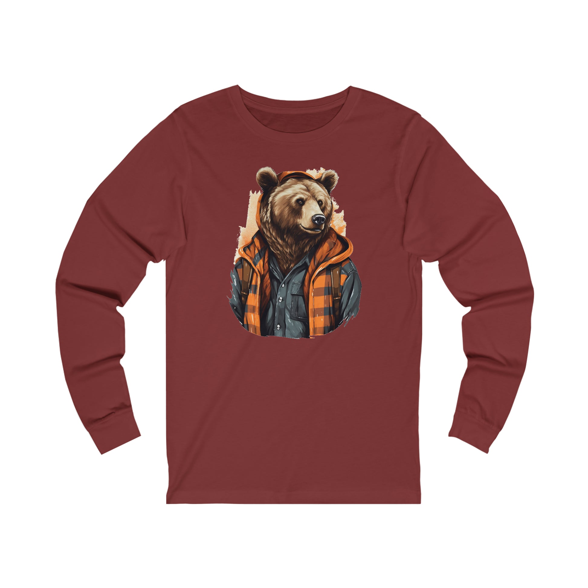 Bear Lumberjack Long Sleeve Tshirt, Fall Orange Plaid Unisex Men Women Designer Graphic Aesthetic Printed Crew Neck Tee Starcove Fashion