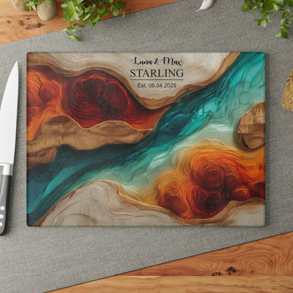 Personalized Glass Cutting Board, Custom Wood Epoxy Charcuterie Chopping Tempered Small Large Realtor Kitchen Decorative Closing Wedding