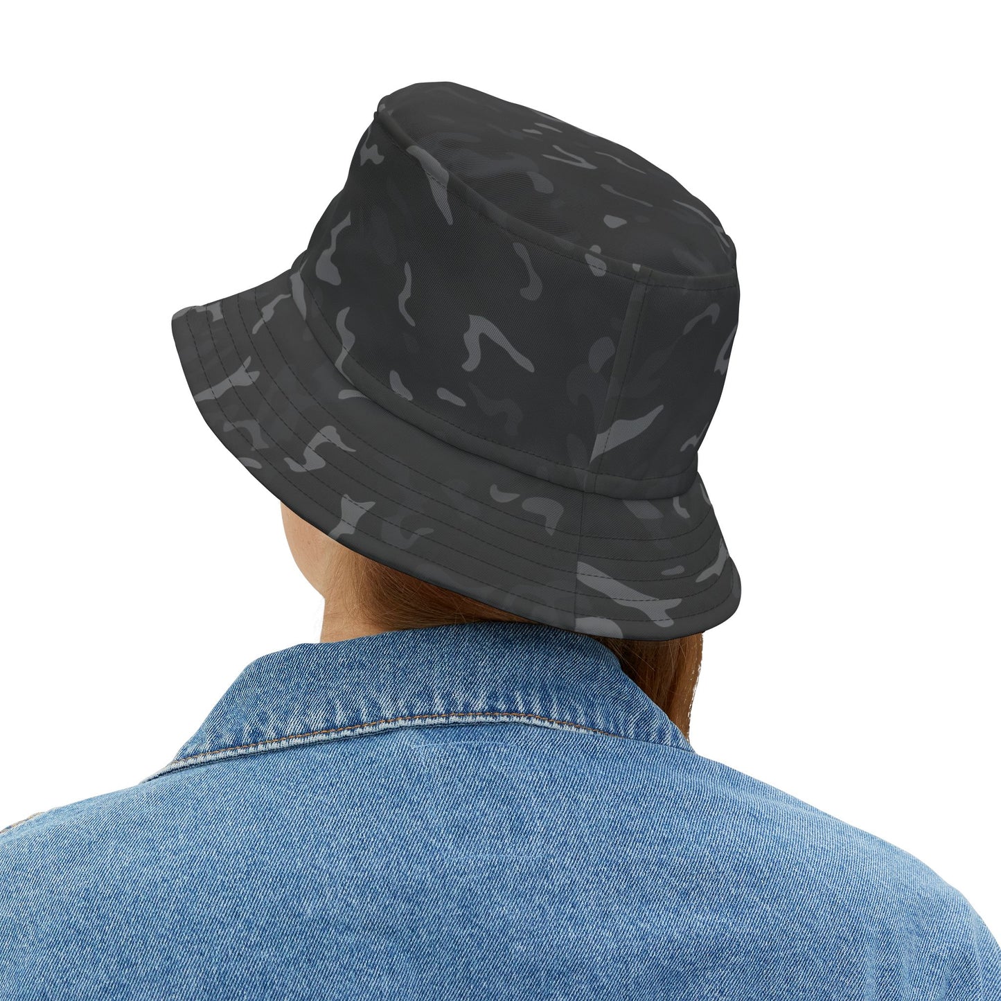 Black Camo Bucket Cap Hat, Grey Camouflage Print Beach Women Men Golf Summer Festival Cute Designer Sun Shade Ladies Small Large Guys