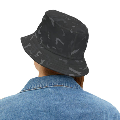 Black Camo Bucket Cap Hat, Grey Camouflage Print Beach Women Men Golf Summer Festival Cute Designer Sun Shade Ladies Small Large Guys