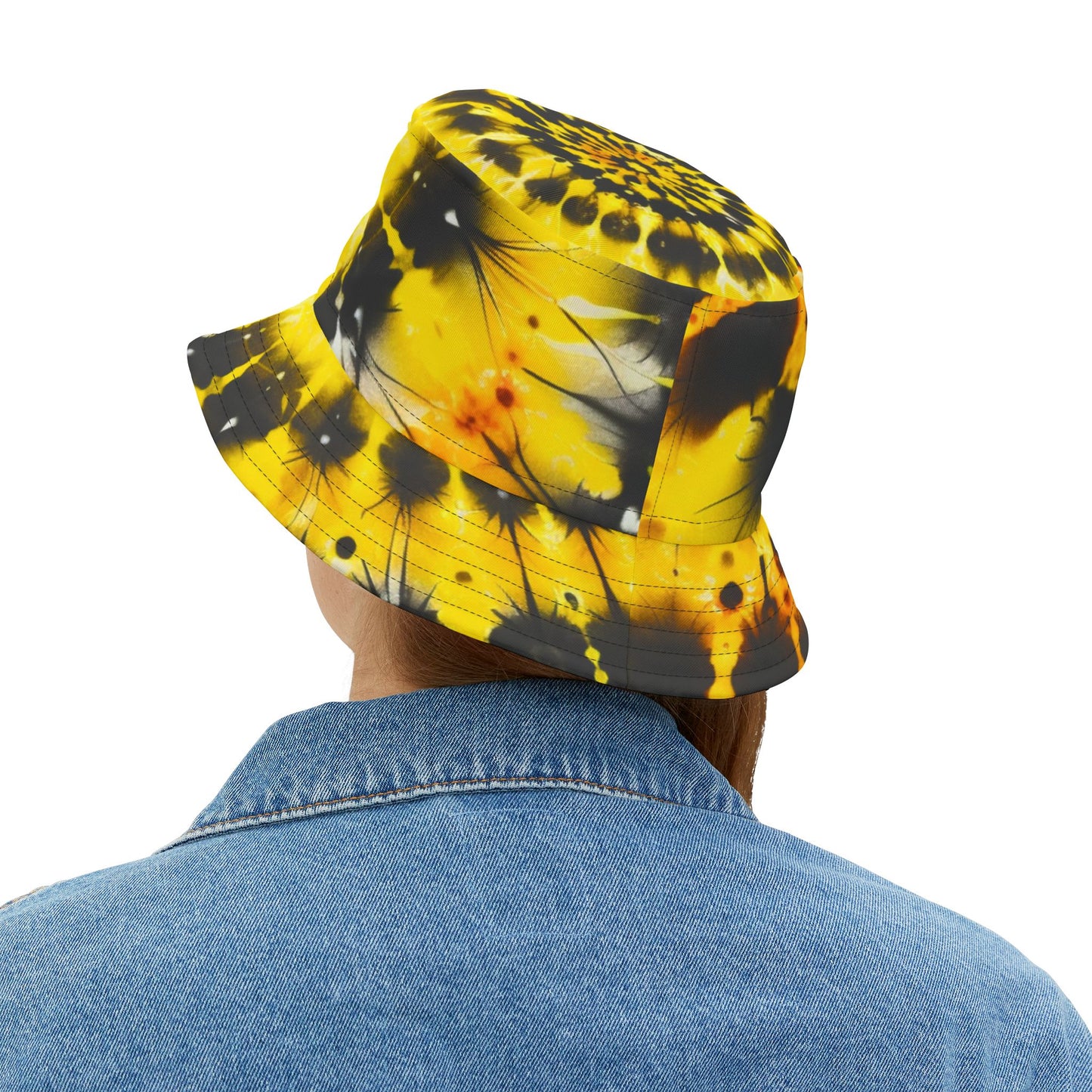 Yellow Tie Dye Bucket Cap Hat, Black Print Beach Women Men Kids Children Golf Summer Festival Cute Designer Sun Shade Ladies Small Large