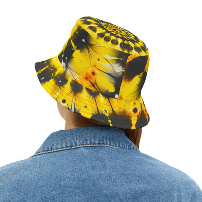 Yellow Tie Dye Bucket Cap Hat, Black Print Beach Women Men Kids Children Golf Summer Festival Cute Designer Sun Shade Ladies Small Large