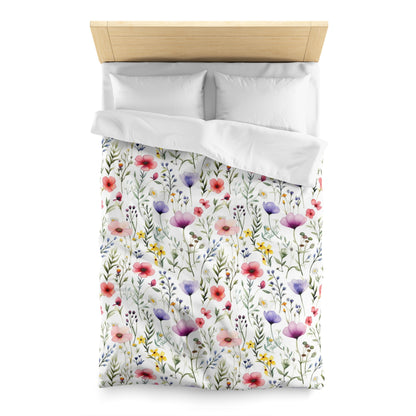 Wildflowers Duvet Cover, Floral Watercolor Bedding Queen King Full Twin XL Microfiber Unique Designer Bed Quilt Bedroom Decor
