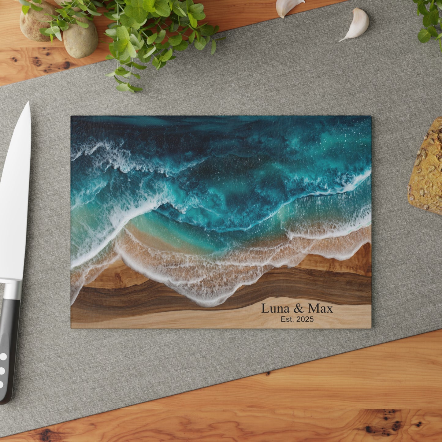 Personalized Glass Cutting Board, Custom Anniversary Coastal Wood Epoxy Charcuterie Chopping Tempered Small Large Kitchen Ocean Couples