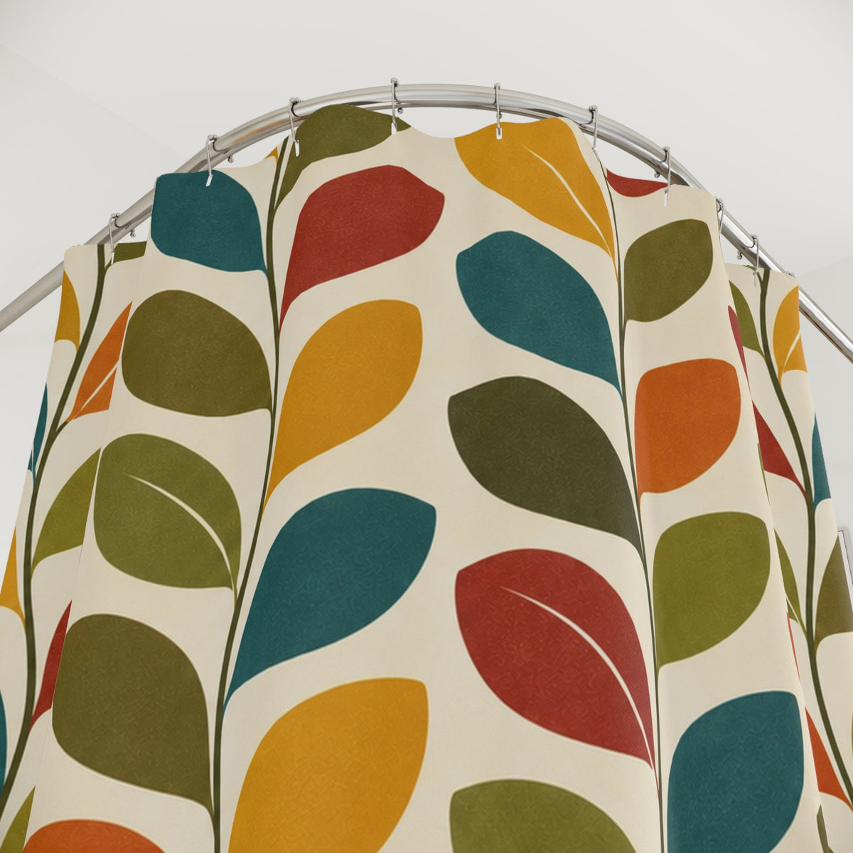 Mid Century Scandinavian Leaf Shower Curtain, Retro Nordic Botanical Teal Orange Mustard Bathroom Decor Nature Housewarming Gift 71" x 74"