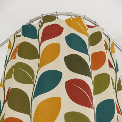 Mid Century Scandinavian Leaf Shower Curtain, Retro Nordic Botanical Teal Orange Mustard Bathroom Decor Nature Housewarming Gift 71" x 74"