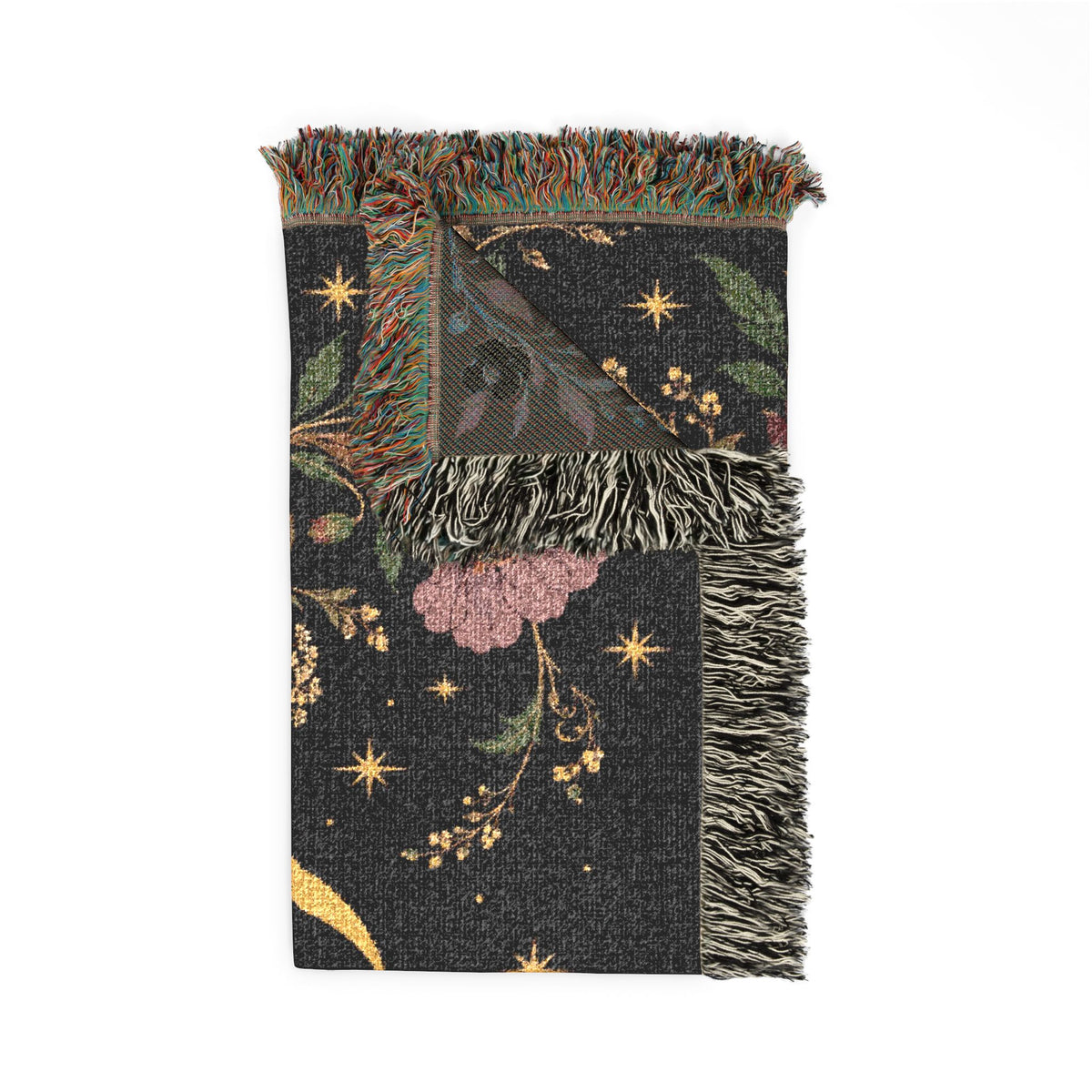 Dark Botanical Floral Woven Throw Blanket Tapestry, Crescent Moon Celestial Cotton Fringe Warm Adult Kids Small Large Bed 50x60 Wall Hanging