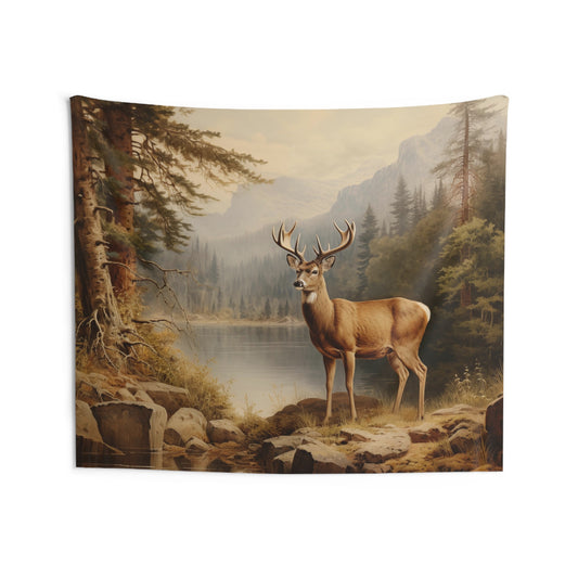 Vintage Deer Tapestry, Nature Lake Animal Wall Art Hanging Cool Unique Landscape Aesthetic Large Small Decor Bedroom College Dorm Room