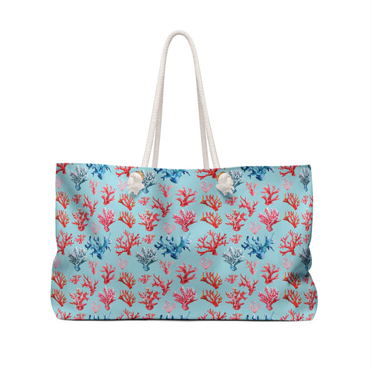 Sea Coral Tote Bag with Rope Handles, Aqua Blue Beach Canvas Weekender Pool Travel Summer Large Shoulder Men Women Designer Carry Bag