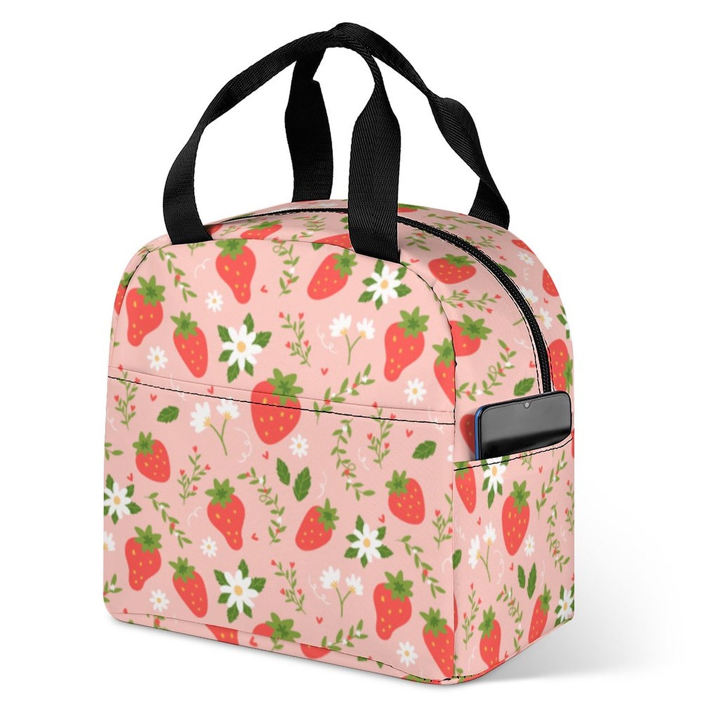 Strawberry Insulated Lunch Box Bag Tote, Pink Summer Fruit Floral Flowers Cute Food Container Adult Kids Women Teens Men School Work Handbag - Starcove Fashion