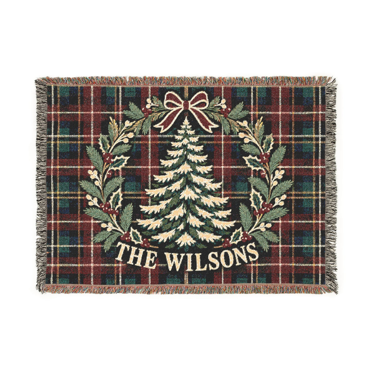 Custom Christmas Woven Throw Blanket Tapestry, Personalized Family Name Holiday Cotton Fringe Adult Kids Small Large Bed 50x60 Wall Hanging