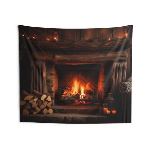 Fireplace Tapestry, Wooden Fire logs Vintage Wall Art Hanging Cool Unique Landscape Aesthetic Large Small Decor Bedroom College Dorm Room