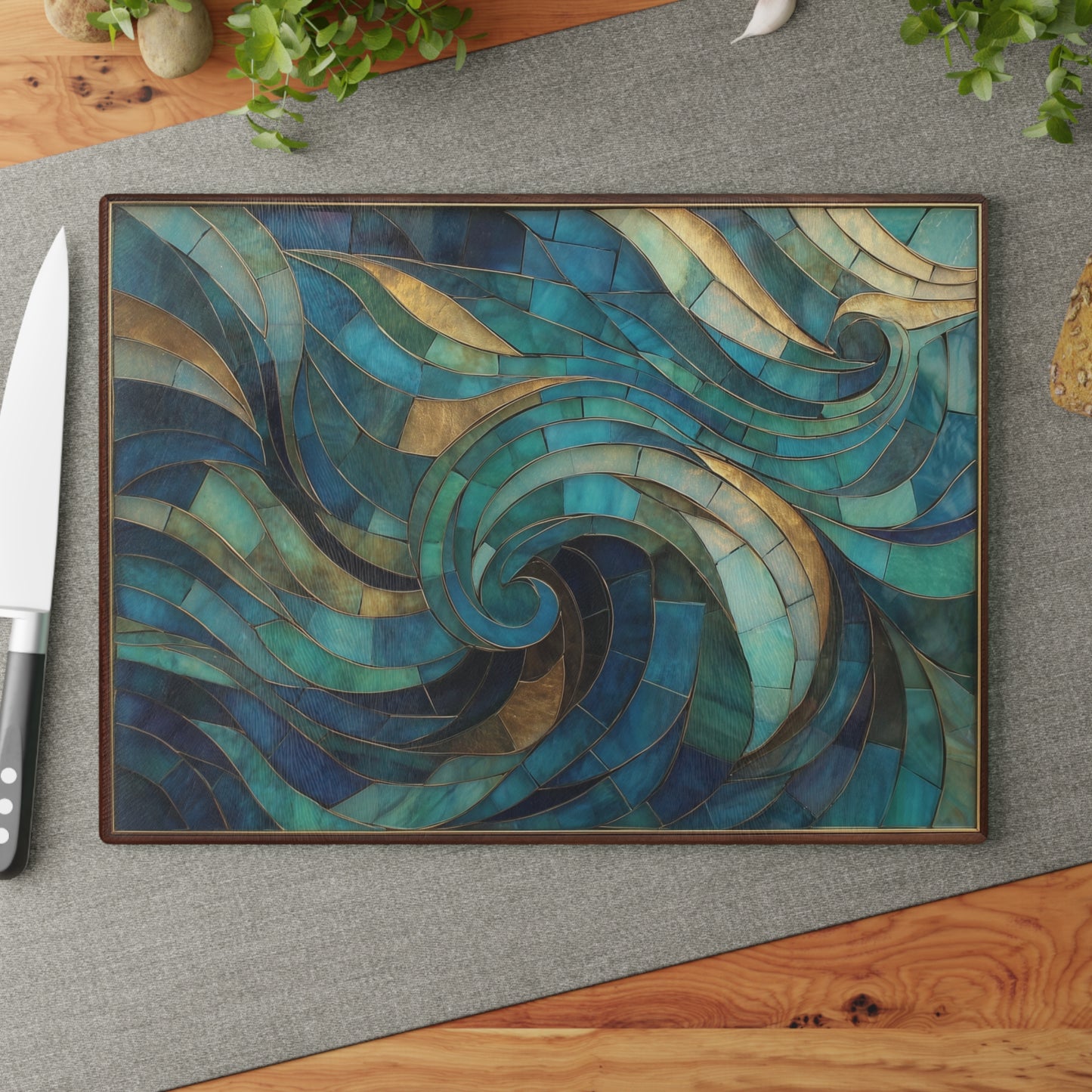 Coastal Stained Glass Cutting Board, Ocean Waves Teal Mosaic Printed Wood Charcuterie Cheese Chopping Tempered Small Large Kitchen