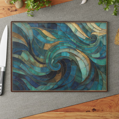 Coastal Stained Glass Cutting Board, Ocean Waves Teal Mosaic Printed Wood Charcuterie Cheese Chopping Tempered Small Large Kitchen