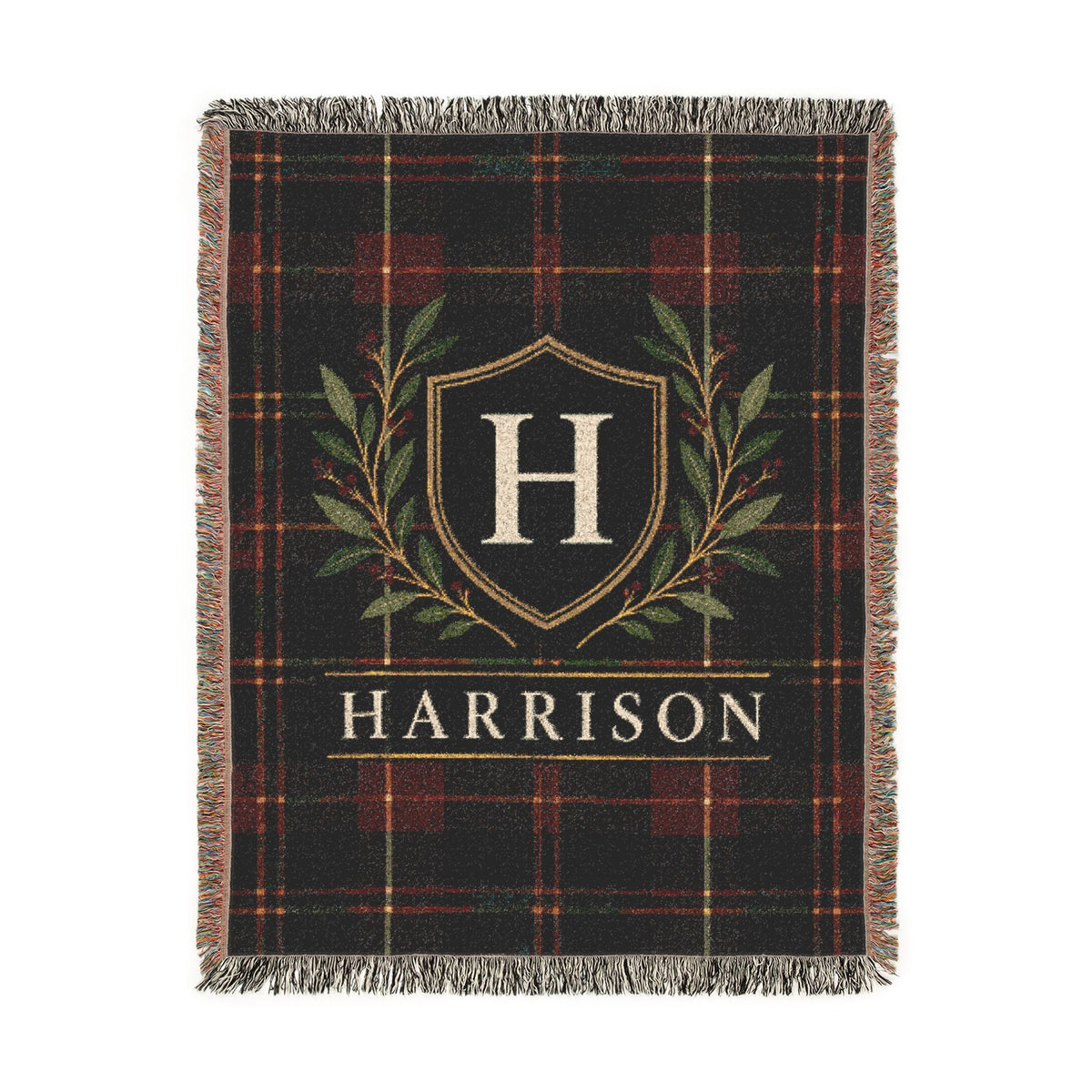 Custom Family Name Woven Throw Blanket Tapestry, Plaid Holiday Christmas Personalized Cotton Fringe Adult Kids Small Large Bed 50x60 Hanging