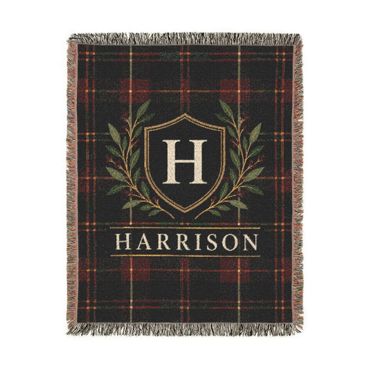 Custom Family Name Woven Throw Blanket Tapestry, Plaid Holiday Christmas Personalized Cotton Fringe Adult Kids Small Large Bed 50x60 Hanging