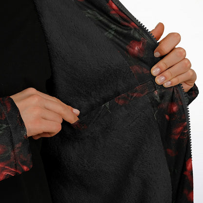 Red Roses Hooded Fleece Jacket, Black Zipper Coat Cloak Men Women Ladies Long Winter Warm Mink Hooded Parka Festival Wearable Cape Pockets