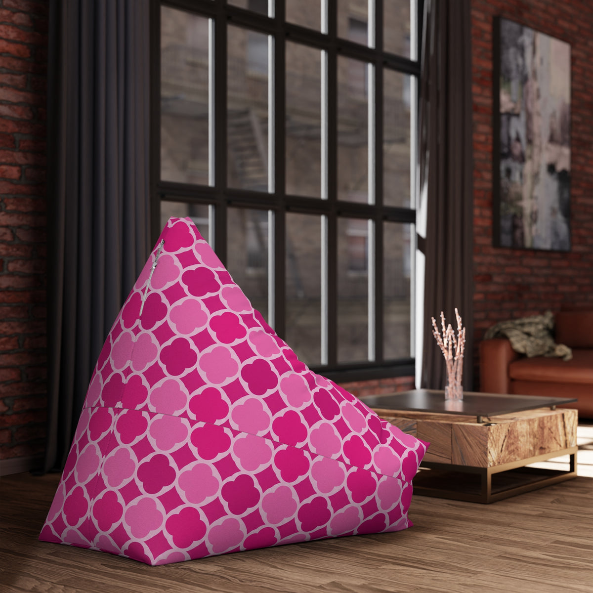 Bright Pink Geometric Bean Bag Chair Cover, Petal Washable Triangle Furniture Small Large Adult Children Kids Playroom Apartment Dorm Decor