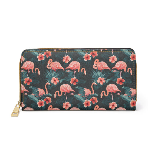 Pink Flamingo Leather Wallet Women, Floral Vegan Zipper Zip Around Coins Credit Cards Pocket Cash Ladies Female Pouch Slim Clutch Purse
