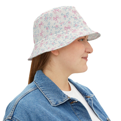 Pink Rose Bows Bucket Cap Hat, White Floral Flowers Print Beach Women Men Golf Summer Festival Cute Designer Sun Shade Ladies Small Large