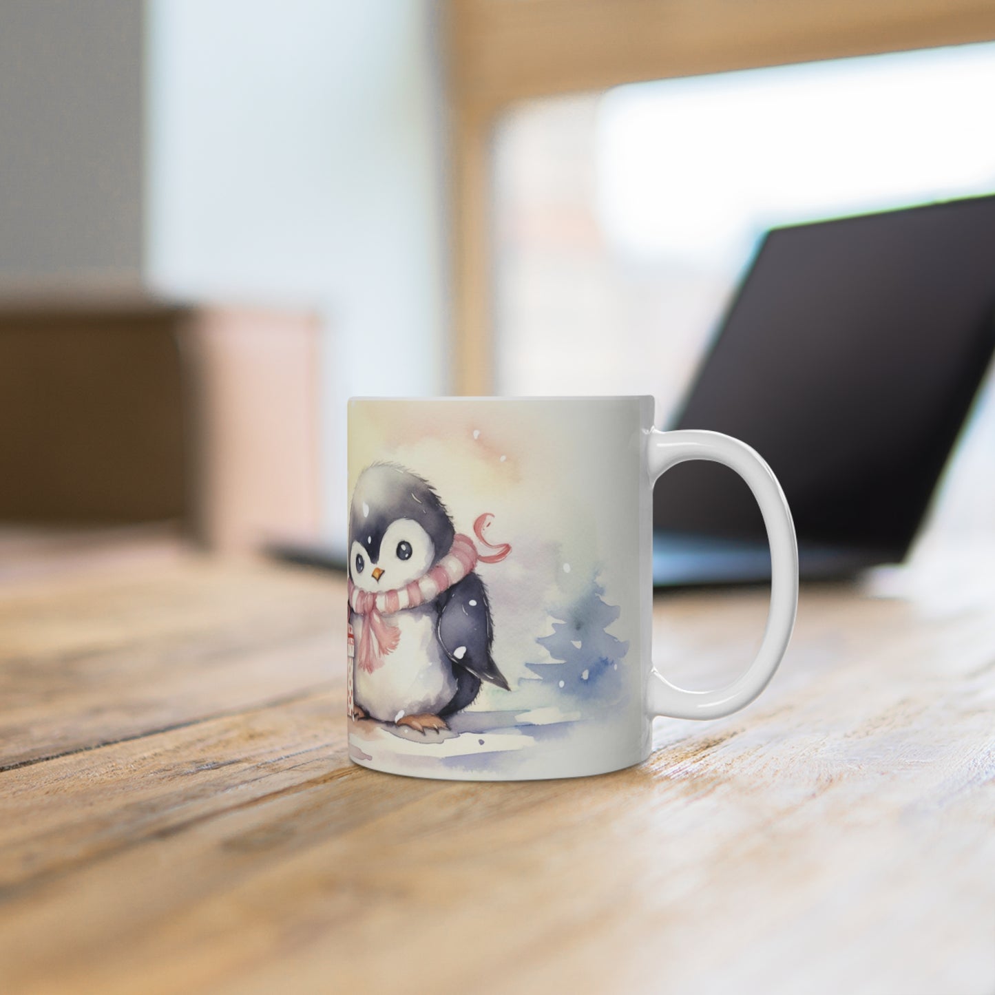 Cute Baby Penguins Coffee Mug, Christmas Holiday Watercolor Art Ceramic Cup Tea Hot Chocolate Lover Unique Kids Cool Gift