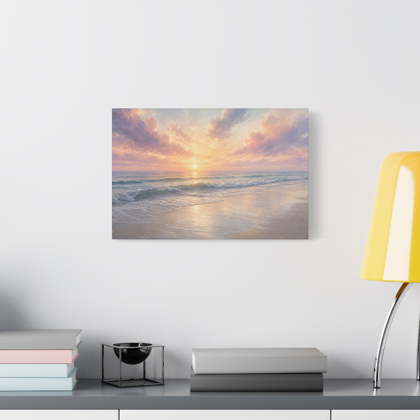 Sunset Beach Canvas Gallery Wrap, Coastal Serene Ocean Watercolor Wall Art Print Decor Small Large Hanging Modern Landscape Living Room