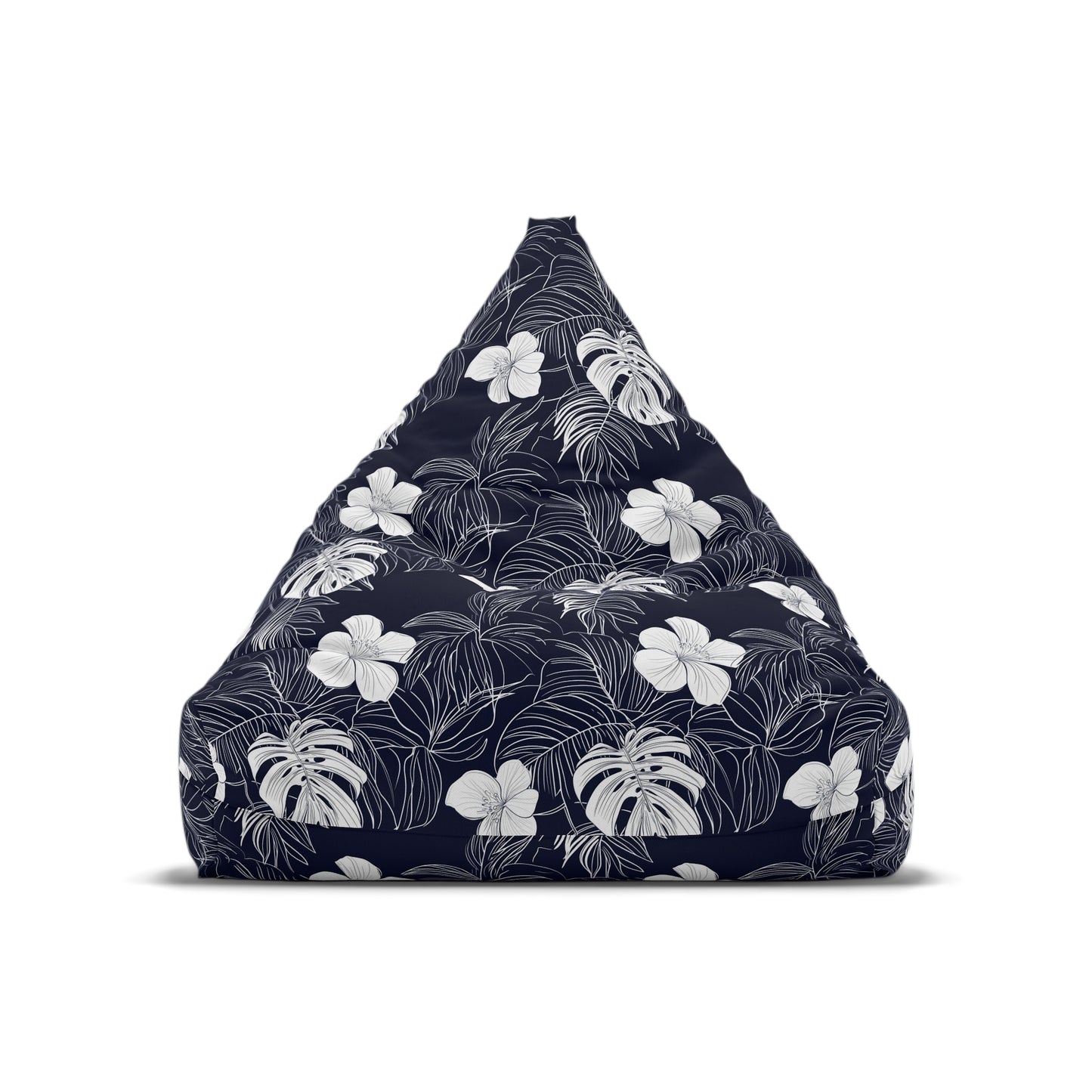 Navy Blue Tropical Bean Bag Chair Cover, Hibiscus Floral White Washable Triangle Small Large Adult Children Kids Sofa Dorm Unfilled Sack