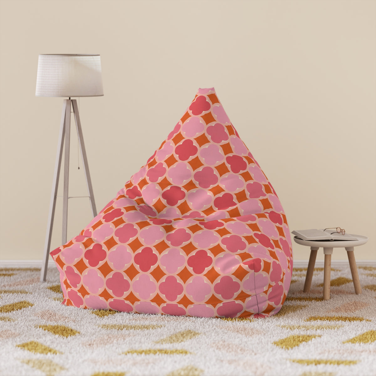 Pink Geometric Bean Bag Chair Cover, Petal Pastel Washable Triangle Furniture Small Large Adult Children Kids Playroom Apartment Dorm Decor