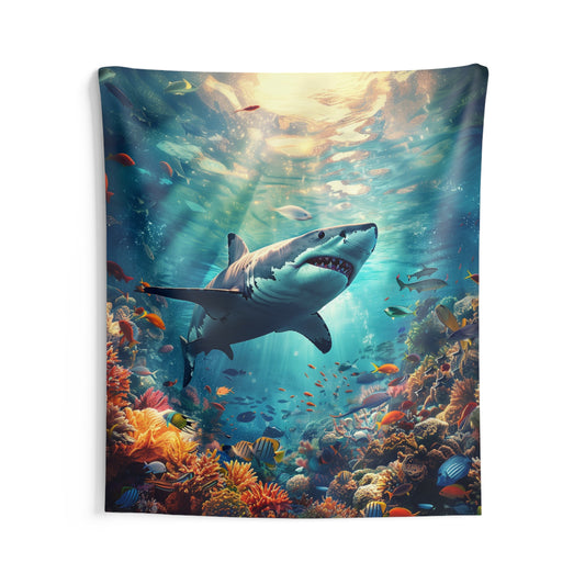 Great White Shark Tapestry, Coral Reef Ocean Sea Wall Art Hanging Cool Unique Vertical Aesthetic Large Small Bedroom College Dorm Room