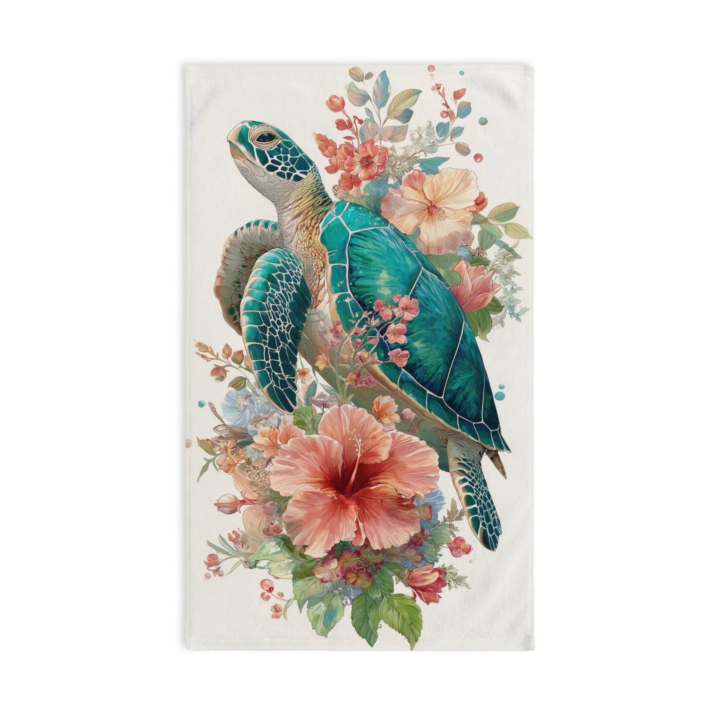 Floral Sea Turtle Hand Towel, Flowers Coastal Watercolor Guest Bath Softest Bathroom Spa Tea Cotton Kitchen Gift Her Women Sack Linen