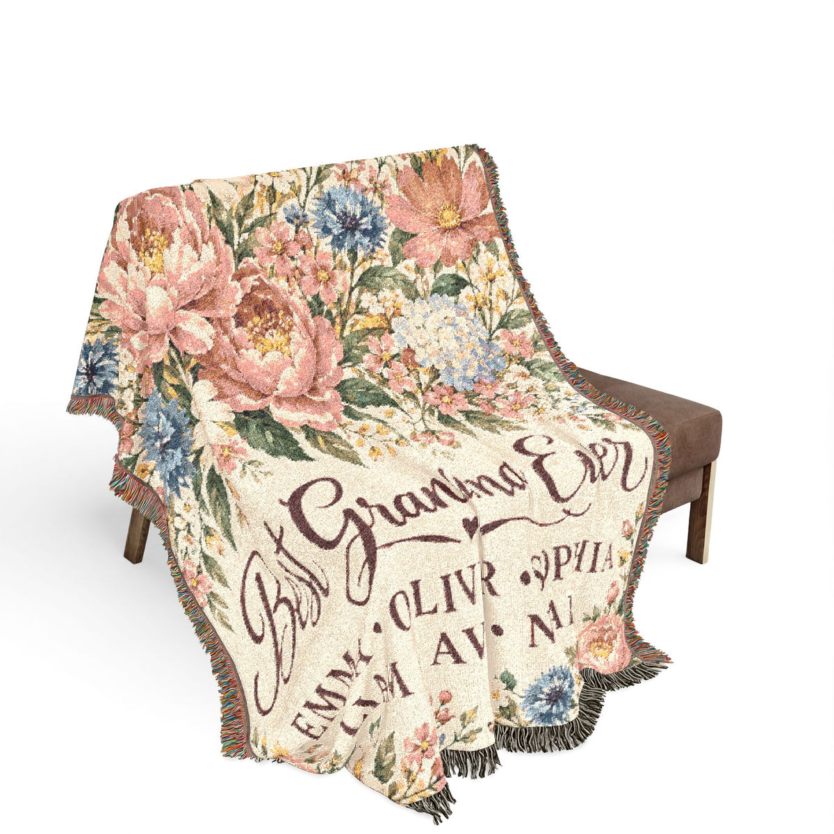 Personalized Grandmother Woven Blanket Tapestry, Grandma Nana Floral Throw Custom Kids Names Mimi First Time Cotton Small Large Wall Hanging