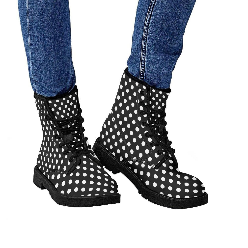Polka Dots Leather Boots, Black White Retro Vintage Lace Up Shoes Hiking Women Men Female Festival Ankle Combat Work Winter Casual Custom