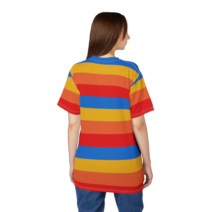 Yellow Orange Red Blue Tshirt, Striped Stripe Designer Graphic Lightweight Heavyweight Crewneck Men Women Tee Top Short Sleeve Shirt