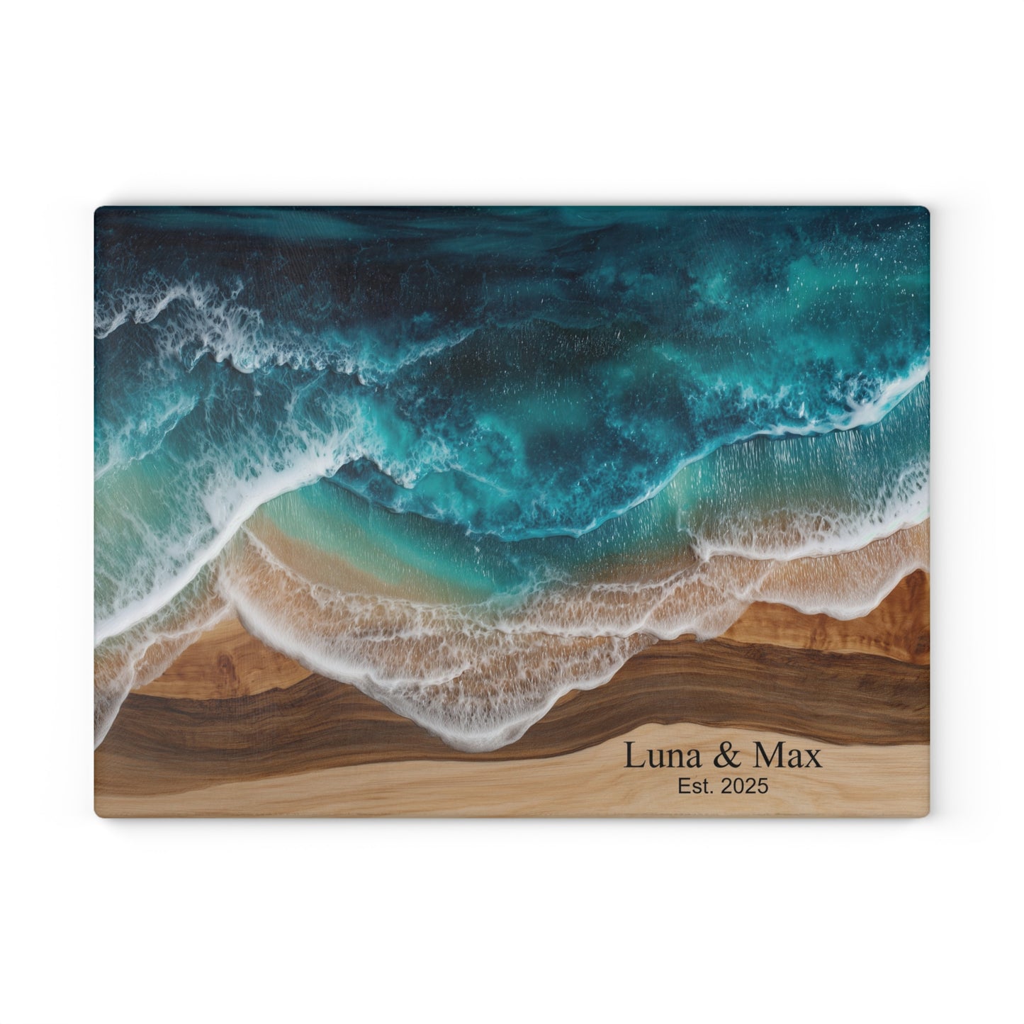 Personalized Glass Cutting Board, Custom Anniversary Coastal Wood Epoxy Charcuterie Chopping Tempered Small Large Kitchen Ocean Couples