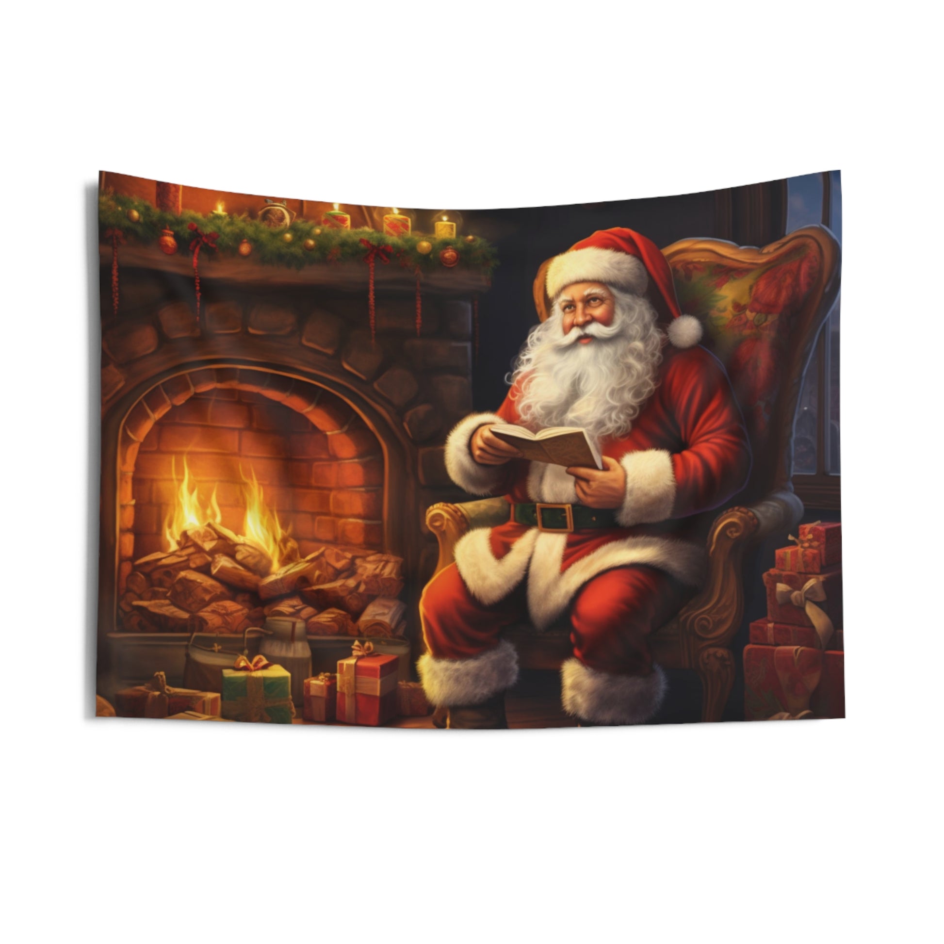 Santa Claus Christmas Tapestry, Fireplace Presents Wall Art Hanging Cool Unique Landscape Aesthetic Large Small Decor Bedroom Dorm Room Starcove Fashion