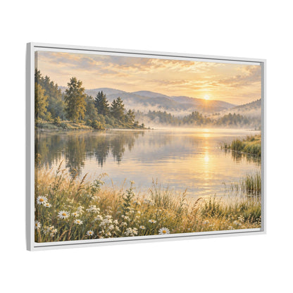 Misty Meadow Lake Wood Framed Canvas, Wildflower Farmhouse Wall Art Print Artwork Decor Small Large Hanging Matte Landscape Square Poster