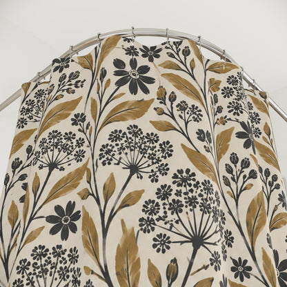 Rustic Boho Floral Shower Curtain, Cream Gold Black Botanical Wildflower Nature Bathroom Decor Waterproof Fabric Housewarming Gift 71" x 74"