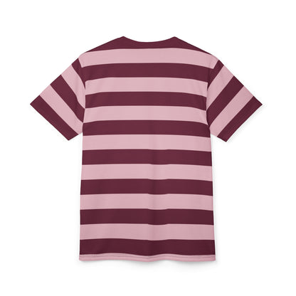 Burgundy Pink Striped Tshirt, Maroon Blush Horizontal Retro Designer Lightweight Heavyweight Crewneck Men Women Tee Top Short Sleeve Shirt