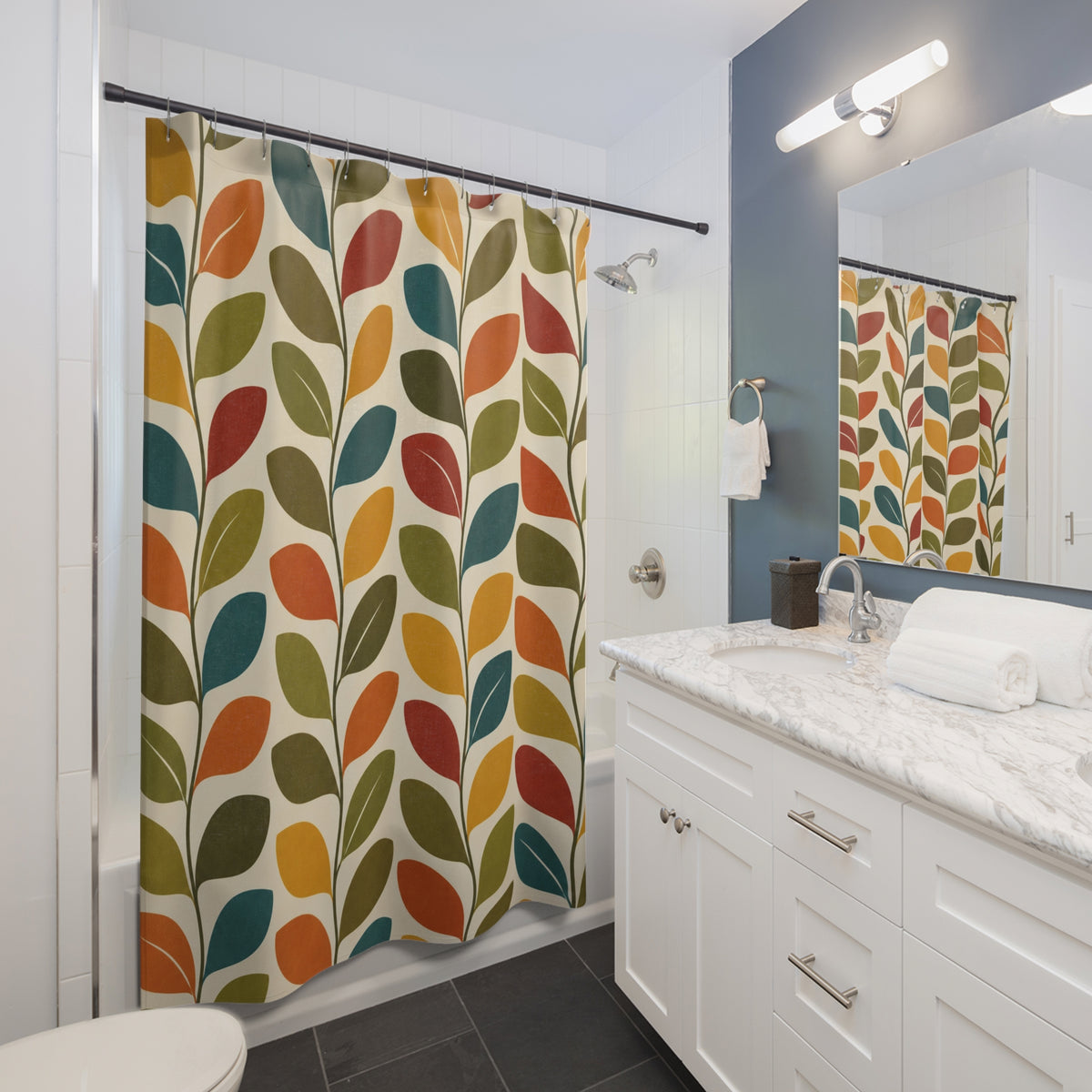 Mid Century Scandinavian Leaf Shower Curtain, Retro Nordic Botanical Teal Orange Mustard Bathroom Decor Nature Housewarming Gift 71" x 74"