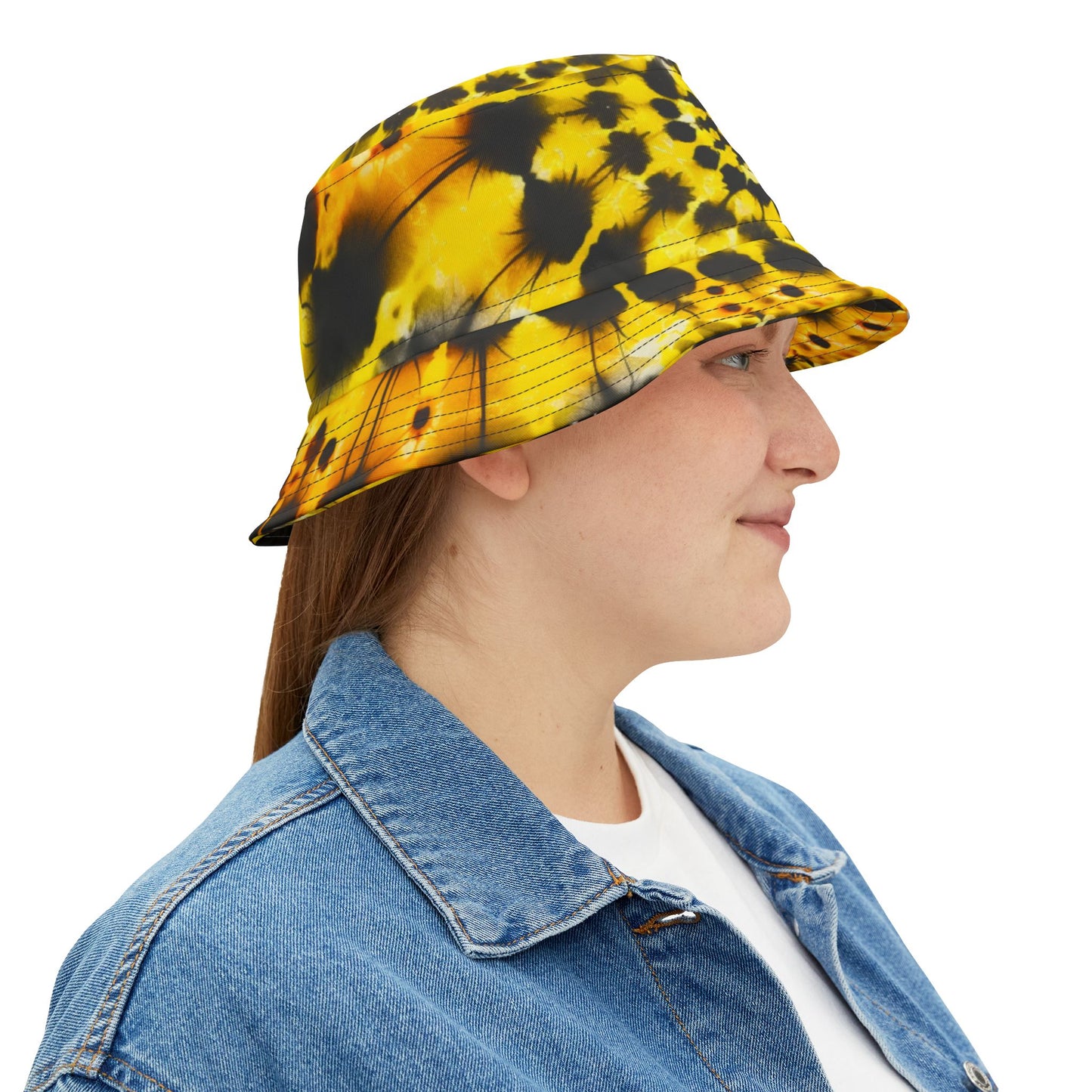 Yellow Tie Dye Bucket Cap Hat, Black Print Beach Women Men Kids Children Golf Summer Festival Cute Designer Sun Shade Ladies Small Large
