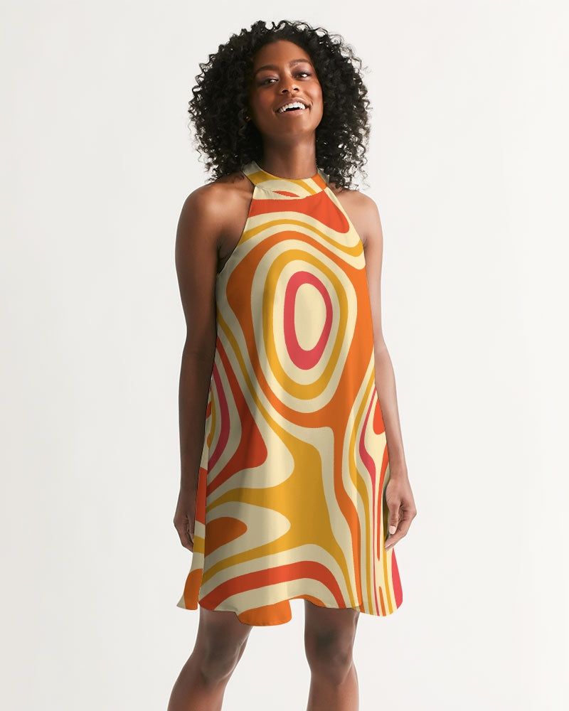 Orange Psychedelic Women Halter Dress, Retro Vintage 70s Groovy Summer Beach Sleeveless Cocktail Mini Cute Handmade Designer Ladies Dress White base