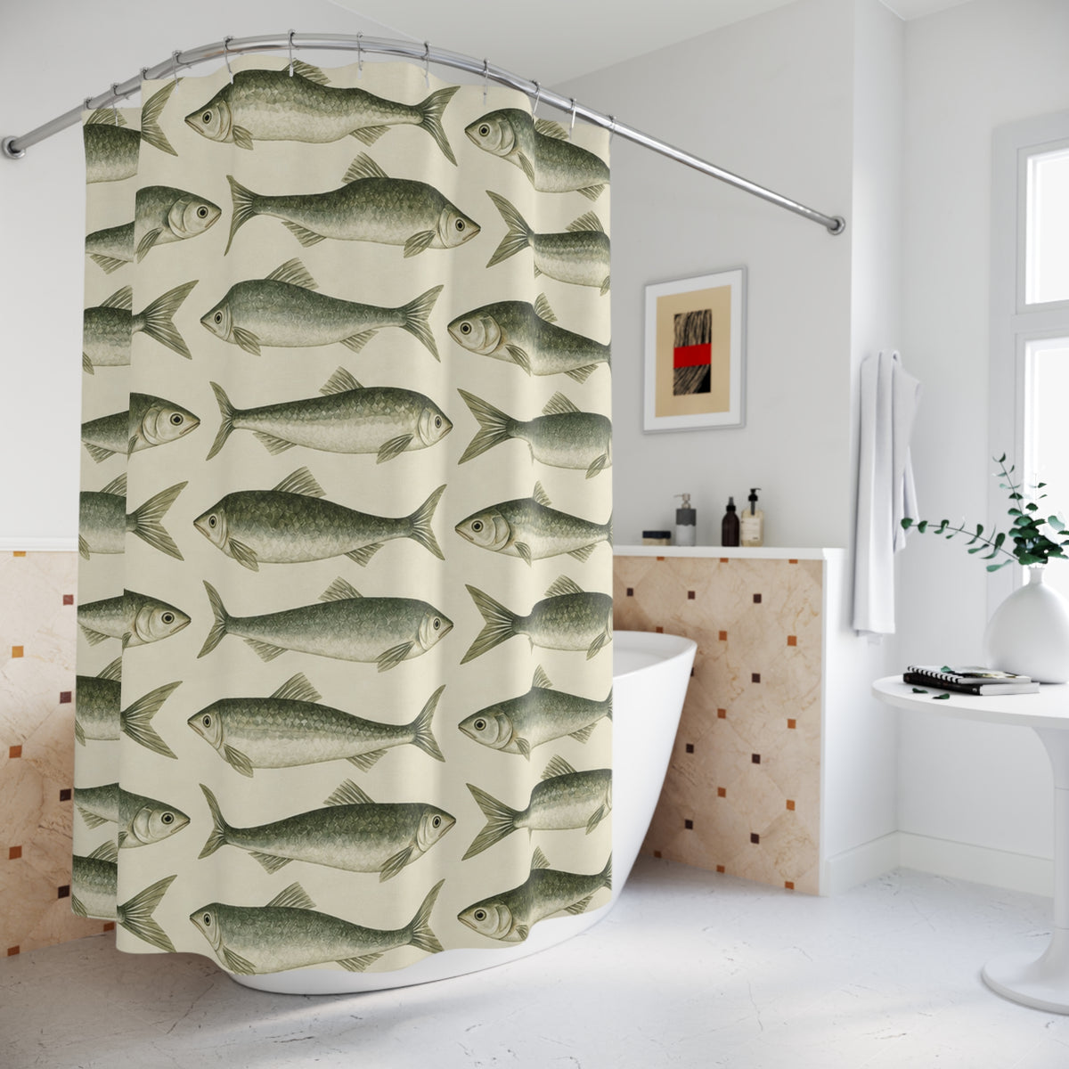 Coastal Scandinavian Fish Shower Curtain, Sage Green Sardine Nautical Ocean Bathroom Decor Waterproof Fabric Housewarming Gift 71" x 74"